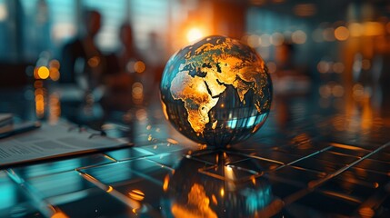 Globe with detailed continents, business meeting in background, blurred, digital fantasy art, vibrant colors, high detail, professional atmosphere