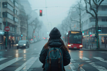 A solitary woman awaits transportation at a bus stop on a foggy, atmospheric day in the city