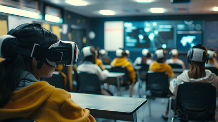 Big classroom and students wearing virtual reality