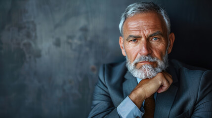 Serious older man in a suit with a contemplative expression.
