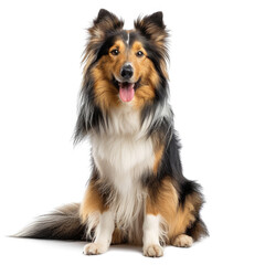 A Shetland sheepdog is sitting on a white background.