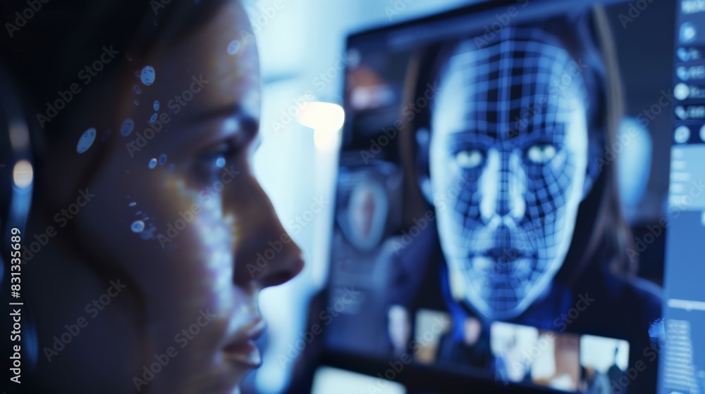 Poster Profile view of a woman with digital face recognition patterns on a screen. Concept of biometric authentication, cyber security, and advanced technology.