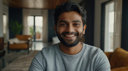 A Selfie picture of a happy young Indian millennial man smiling at the camera in the living room in a modern home with copy space
