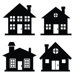 Set of Two store cottage different style icon black vector on white background