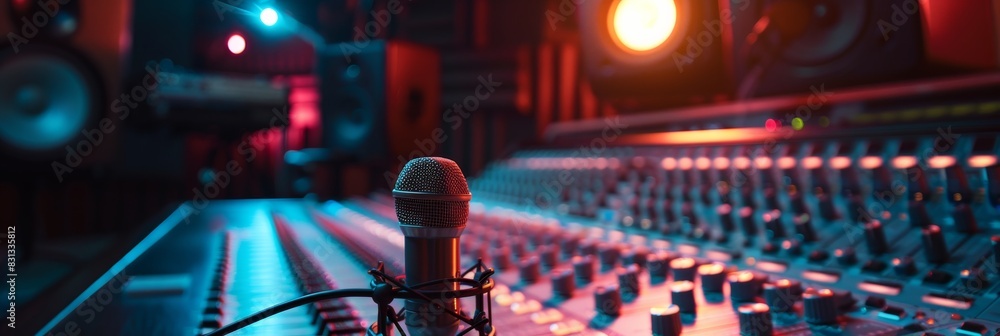 Poster A professional recording studio showcasing a microphone and sound board in action, capturing the essence of music creation and production. Generative AI