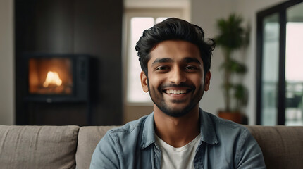 A Selfie picture of a happy young Indian millennial man smiling at the camera in the living room in a modern home with copy space
