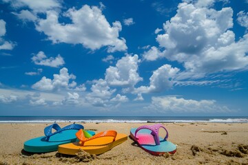 Colorful flip flops on beach with blue sky and clouds