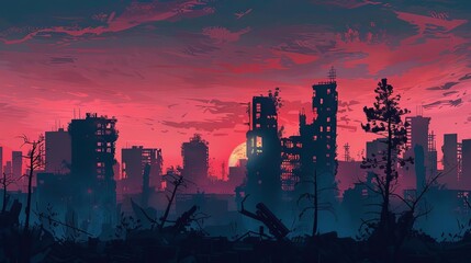postapocalyptic cityscape silhouette at dusk destroyed buildings wide panoramic view digital painting
