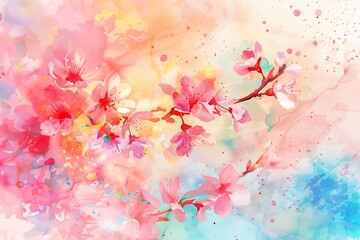 Vibrant Watercolor Painting of Cherry Blossoms with Soft Pastel Background