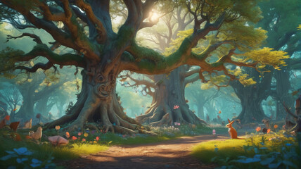 Deep in the Enchanted Grove, woodland creatures gather for whimsical tales beneath the ancient trees, Generative AI