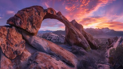 Formation of a red stone geological rock arch at sunset