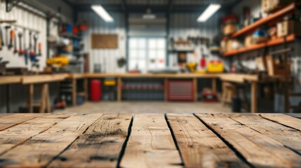 Empty wooden table with blurred background of Garage, tools for product display montage, ecommerce and advertising concept