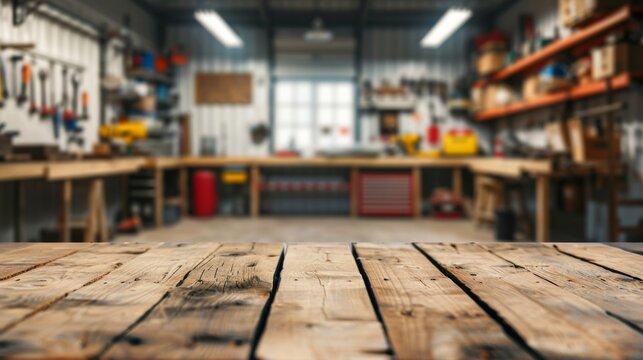 Empty wooden table with blurred background of Garage, tools for product display montage, ecommerce and advertising concept