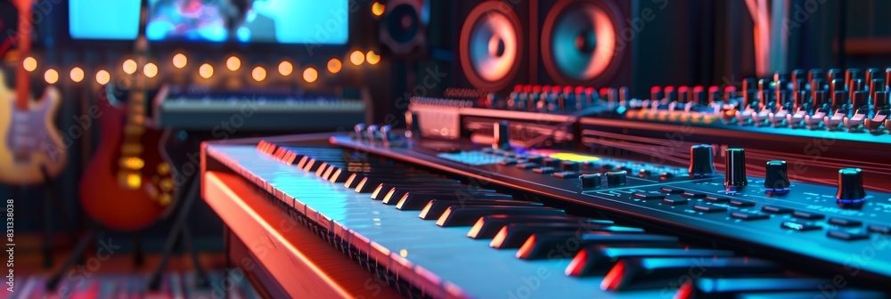 Poster a vibrant recording studio buzzing with energy as sound equipment of all shapes and sizes are being 