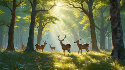 In the Deer's Glade, graceful creatures dance beneath the dappled sunlight, their movements a testament to the beauty of the forest, Generative AI