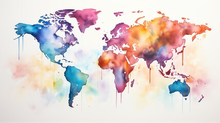 Watercolor painting of a world map with colorful drips.