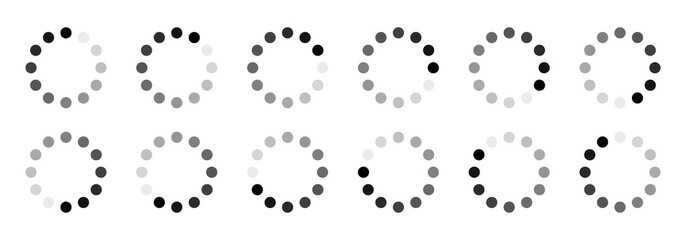 Set of circle loading vector icons- Buffering, Downloading, Uploading, Processing. Simple web download or upload icon set. Internet buffering circle symbol icon set isolated on white background.