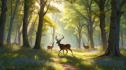 In the Deer's Glade, graceful creatures dance beneath the dappled sunlight, their movements a testament to the beauty of the forest, Generative AI