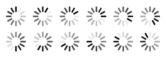 Rectangular loading indicator buffering symbols with 12 progressing shaded of black. Internet download or upload buffering vector illustration isolated on white background.