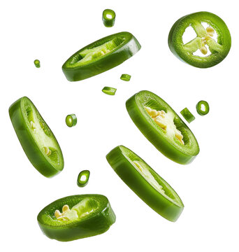 Six delicious jalapeno slices on white background