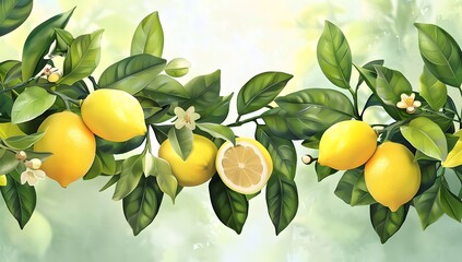 A vibrant lemon fruit with a green stem and leaves, suitable for digital design and marketing materials.