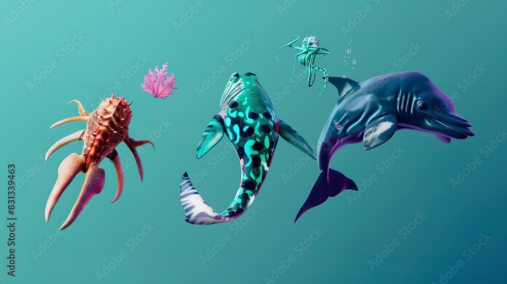 Poster conceptual sea creatures flat design side view artistic theme 3d render triadic color scheme