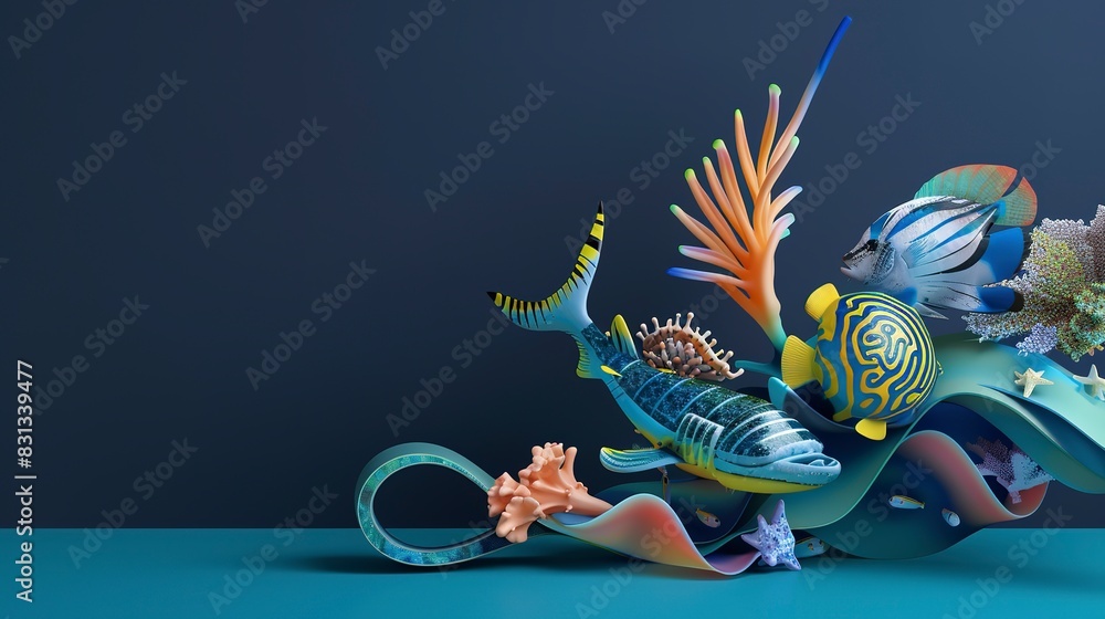Poster Conceptual sea creatures flat design side view artistic theme 3D render Triadic Color Scheme