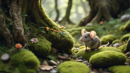 In the Mouse's Hollow, tiny creatures scurry amidst moss-covered stones, their laughter echoing through the ancient trees, Generative AI