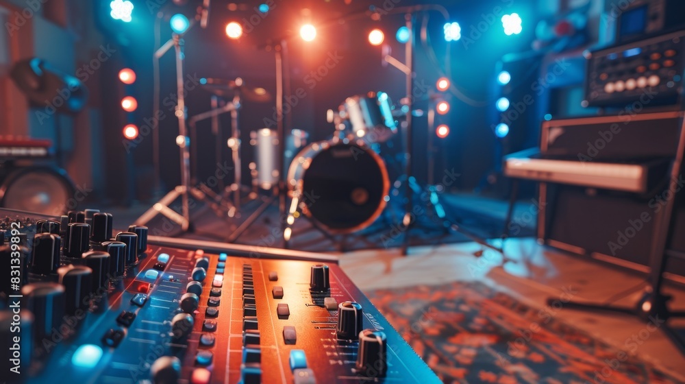 Poster a sound board and drums are set up in a recording studio, ready for a session of music production an