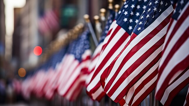 American flags lining city street to commemorate memorial day in a patriotic display