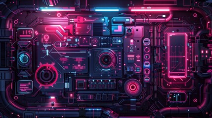 Fototapeta premium Futuristic Circuit Board with Neon Lights and High-Tech Components