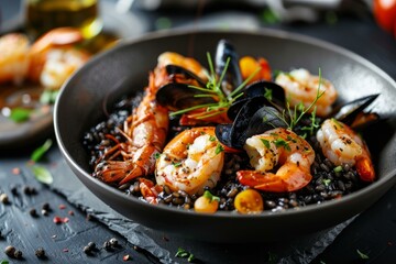 Delicious seafood risotto with shrimp, mussels, and squid ink rice, garnished with herbs