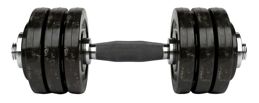 A heavy black dumbbell with multiple weight plates, ideal for strength training, bodybuilding, and home gym workouts. Isolated on white background.
