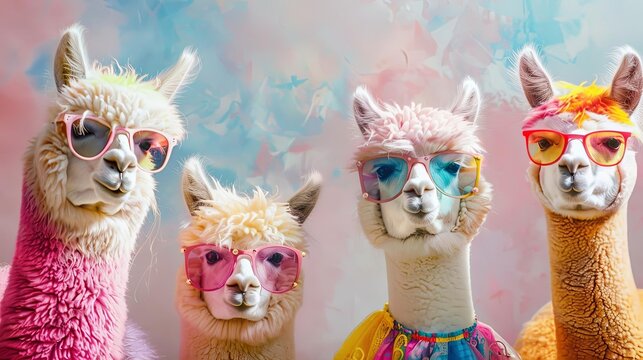 quirky alpacas in colorful mismatched outfits creative party invitation concept digital painting