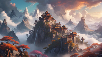 High atop the Cloud Peak Mountains, a mystical sanctuary hidden within the mists houses the last remaining dragons, their ancient wisdom guarded by powerful enchantments, Generative AI