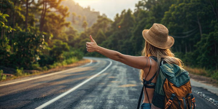 Woman hitchhiking on a forest road