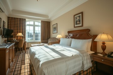 Fototapeta premium Classic cozy bedroom with traditional decor, warm lighting, wooden furniture, and a comfortable ambiance, ideal for a serene and restful night