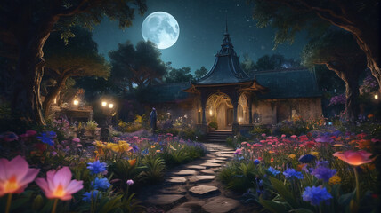 Fototapeta premium In the moonlit gardens of the Enchanter's Palace, rare and exotic flowers bloom under the watchful gaze of the resident sorcerer, their petals imbued with potent magical properties, Generative AI