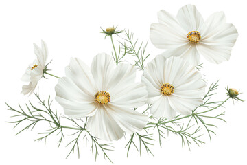 Obraz premium Beautiful white flowers with delicate petals and green leaves, ideal for floral designs, backgrounds, and nature-themed stock photos.