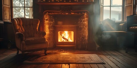 Solitary chair beside a warm fireplace in a dimly lit room. Concept Cozy Interior, Rustic Decor, Relaxing Ambiance, Hygge Style