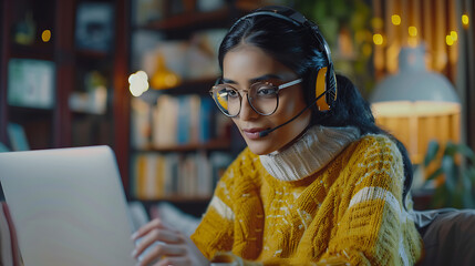 A young Indian woman in a headset conducts an online session from her laptop screen, serving as a teacher or coach, providing training and guidance to an elderly student.