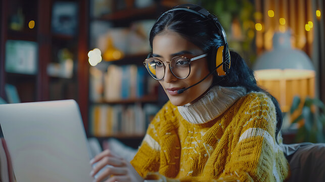 A young Indian woman in a headset conducts an online session from her laptop screen, serving as a teacher or coach, providing training and guidance to an elderly student.
