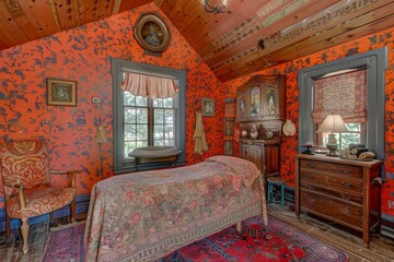 Vintage bedroom with vibrant red walls, antique furniture, cozy bedding, and a nostalgic ambiance, perfect for a charming and unique stay