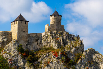 Majestic Golubac fortress atop rocky cliffs by Danube river in Serbia on a clear day