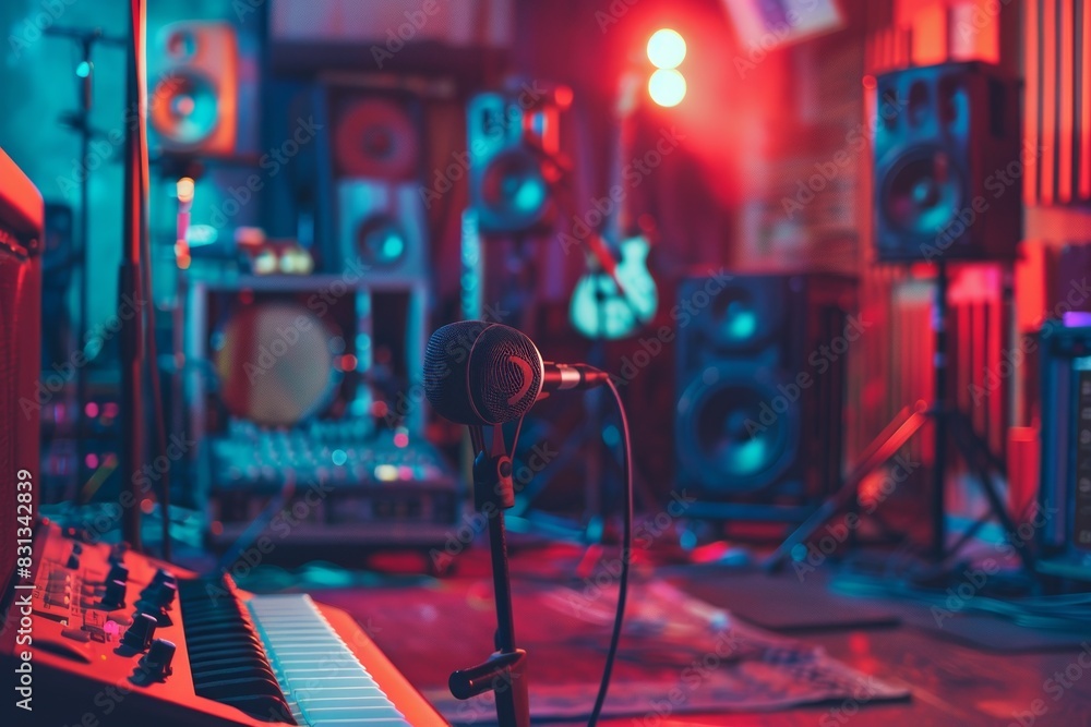 Aufkleber A recording studio alive with the sound of music, showcasing a keyboard and microphone in action. Generative AI