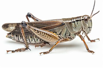 Fototapeta premium Macro Grasshopper Closeup, Detailed Band-Winged Insect, Isolated on White Background, Vibrant Colors, Nature