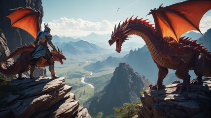 Fototapeta premium Atop the windswept cliffs of Dragon's Peak, a brave knight duels with a fearsome dragon, their clash echoing through the mountains as the fate of the realm hangs in the balance, Generative AI