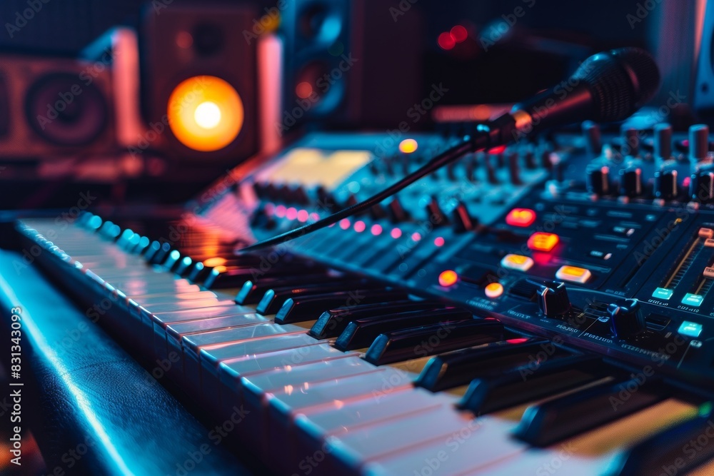 Fototapete a close-up capturing the essence of creativity in a recording studio, showcasing a keyboard being sk