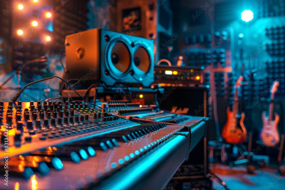Aufkleber a mixing desk in a recording studio surrounded by sound equipment, capturing the rhythmic harmony of