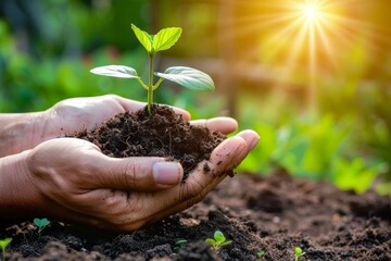 Sustainable earth day concept  hand holding seedling plant in sunlight against green nature backdrop